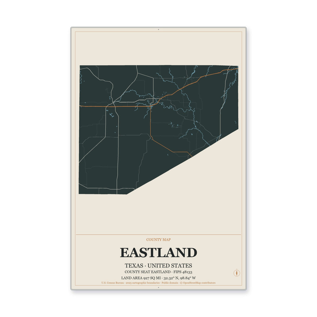 Eastland County, Texas Map Aluminum Sign in Headline Atlas style