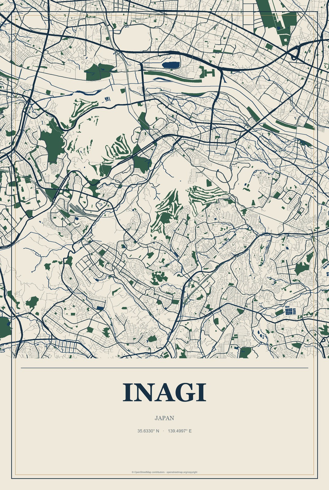 Inagi, Japan City Map Aluminum Sign in Coastal Cutout style