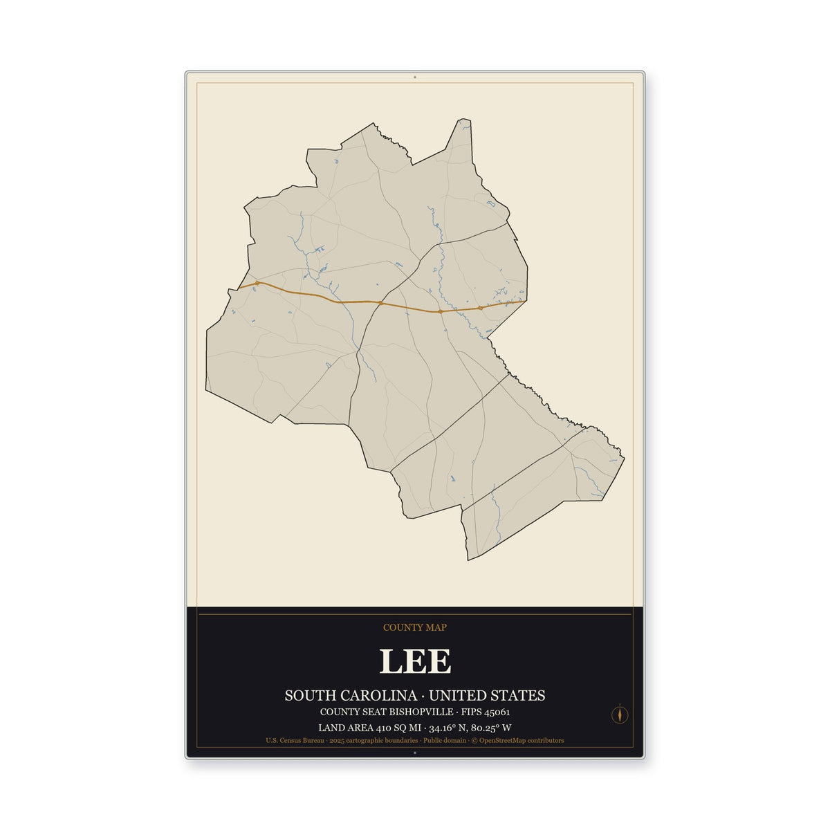 Lee County, South Carolina Map Aluminum Sign in Museum Plaque style