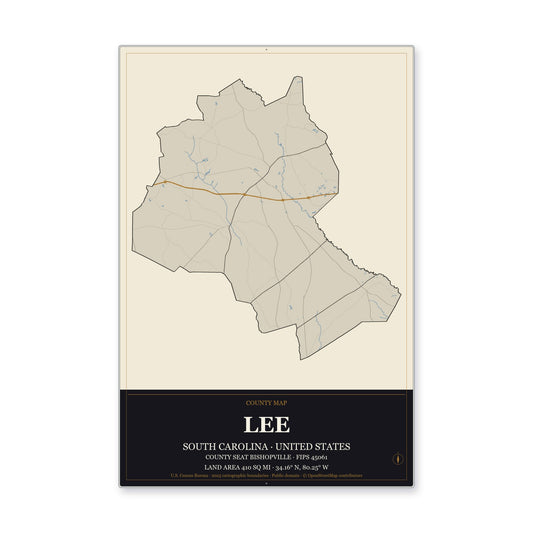 Lee County, South Carolina Map Aluminum Sign in Museum Plaque style