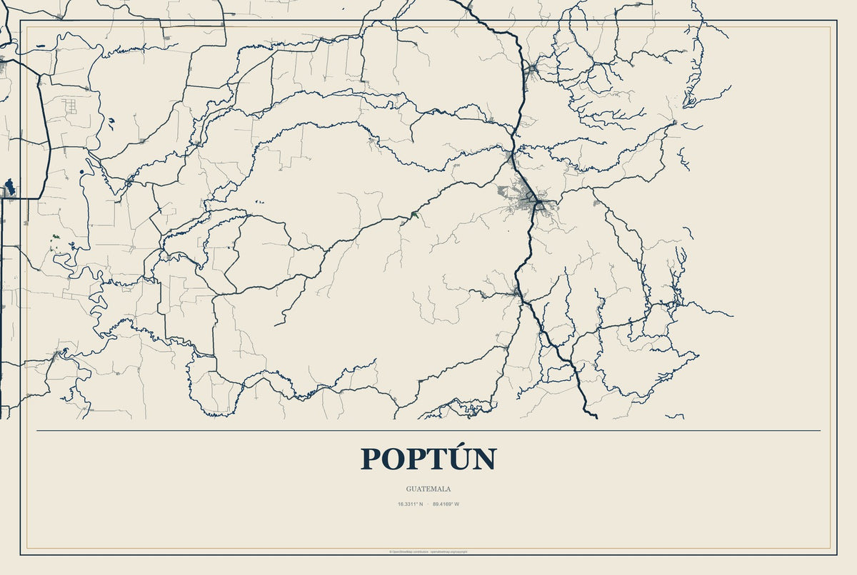 Poptún, Guatemala City Map Aluminum Sign in Coastal Cutout style