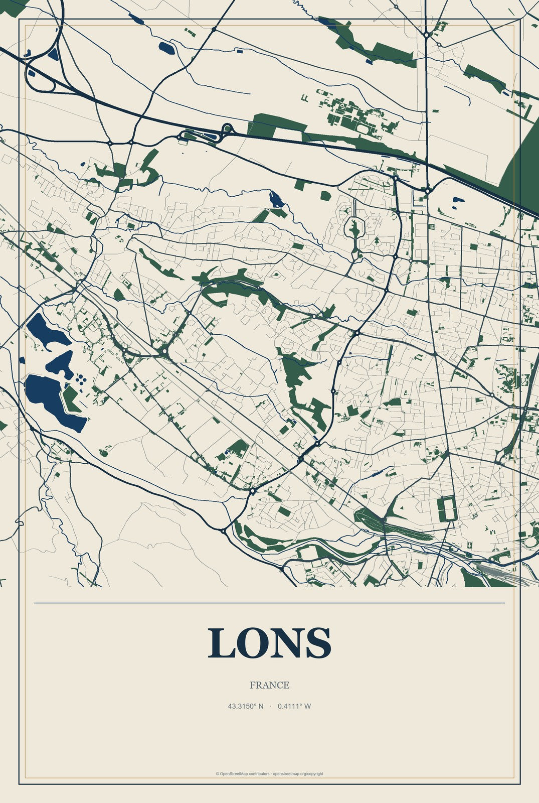 Lons, France City Map Aluminum Sign in Coastal Cutout style