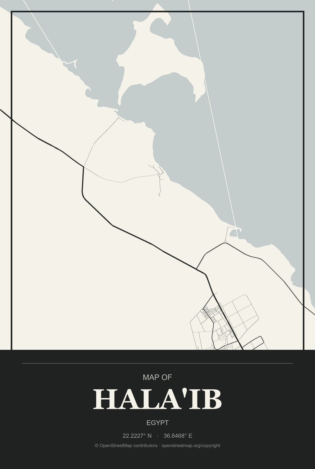 Hala'ib, Egypt City Map Aluminum Sign in Museum Plaque style