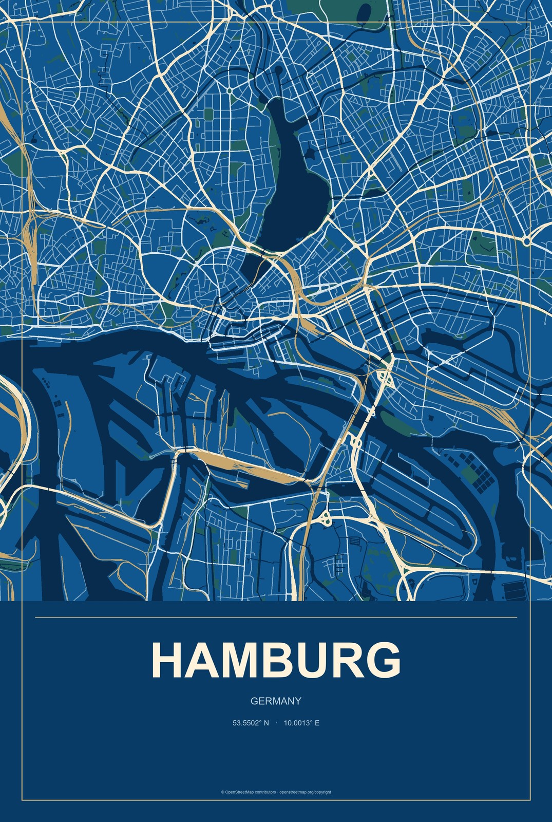 Hamburg, Germany City Map Aluminum Sign in Harbor Cobalt style