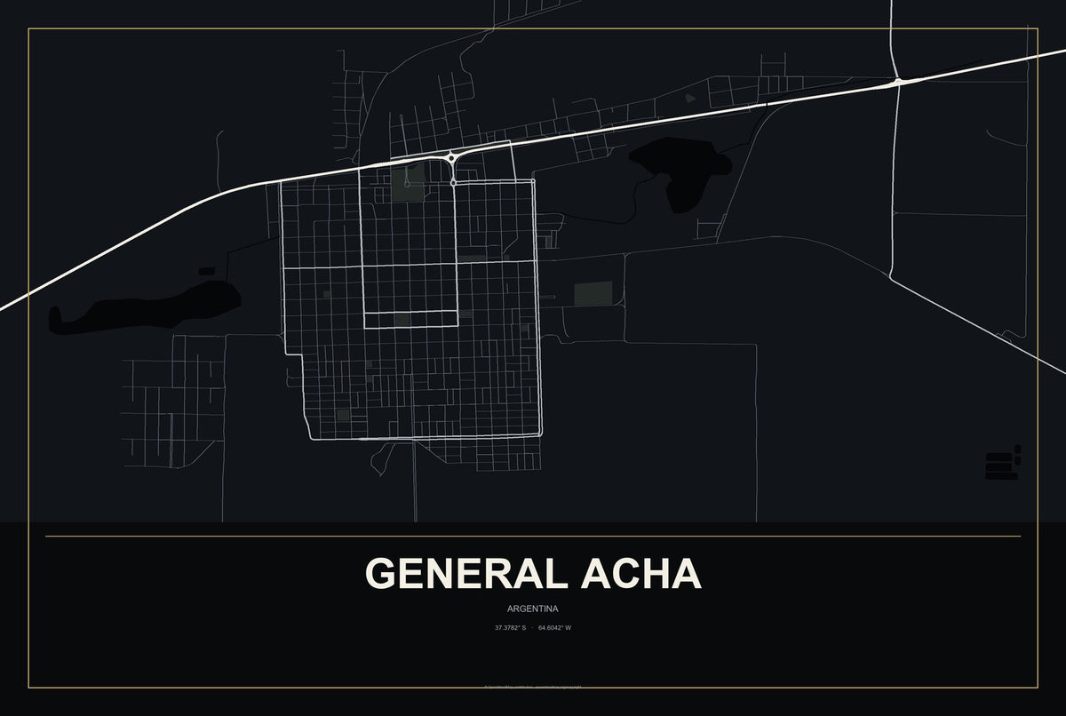 General Acha, Argentina City Map Aluminum Sign in Metropolitan Noir style