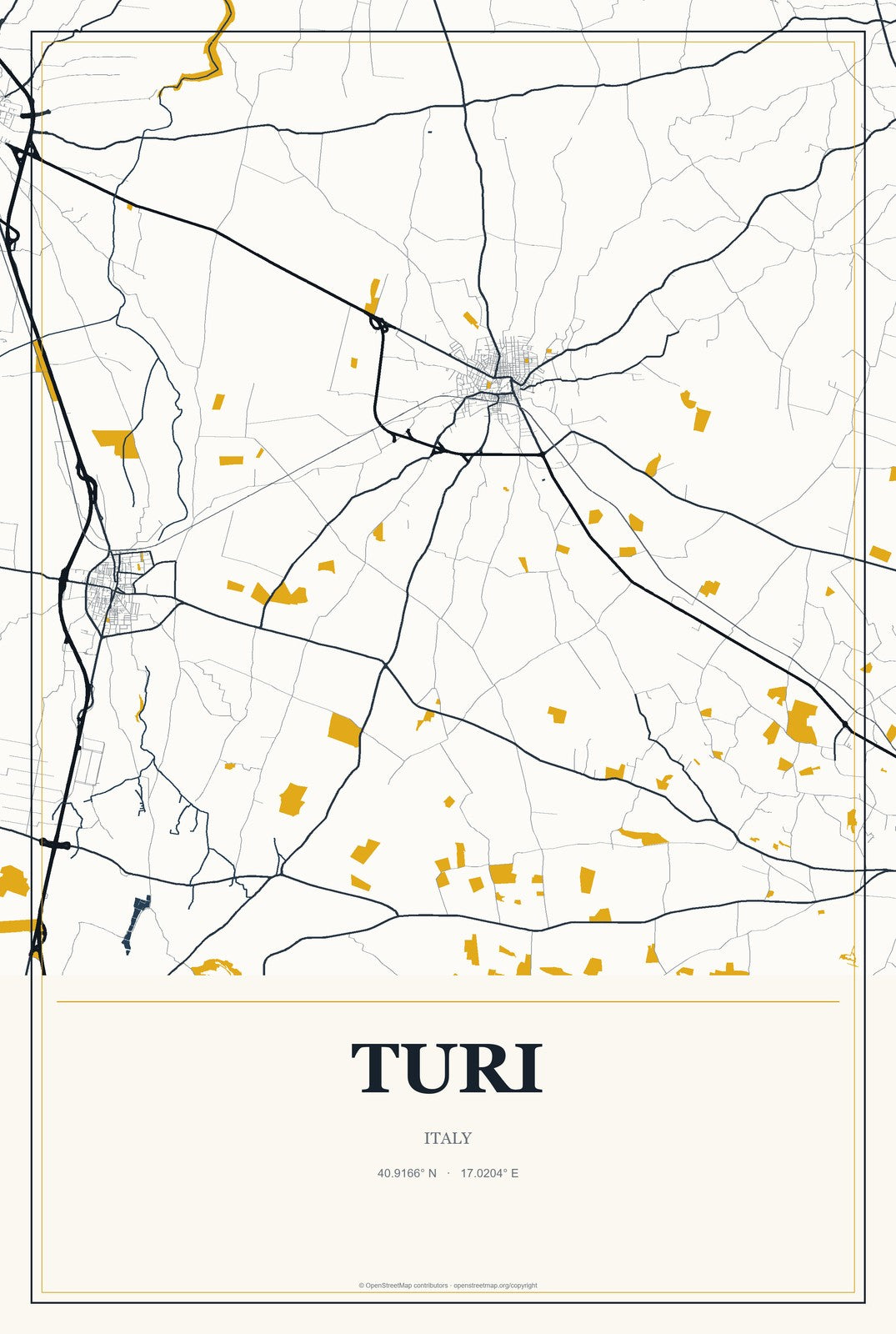 Turi, Italy City Map Aluminum Sign in Citrine Modern style