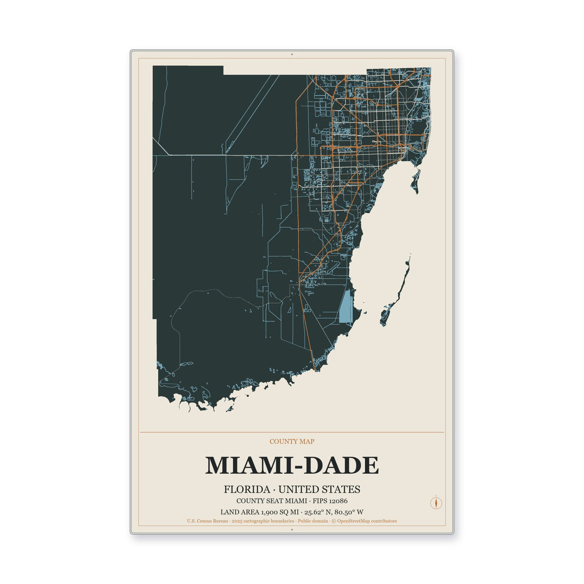 Miami-Dade County, Florida Map Aluminum Sign in Headline Atlas style