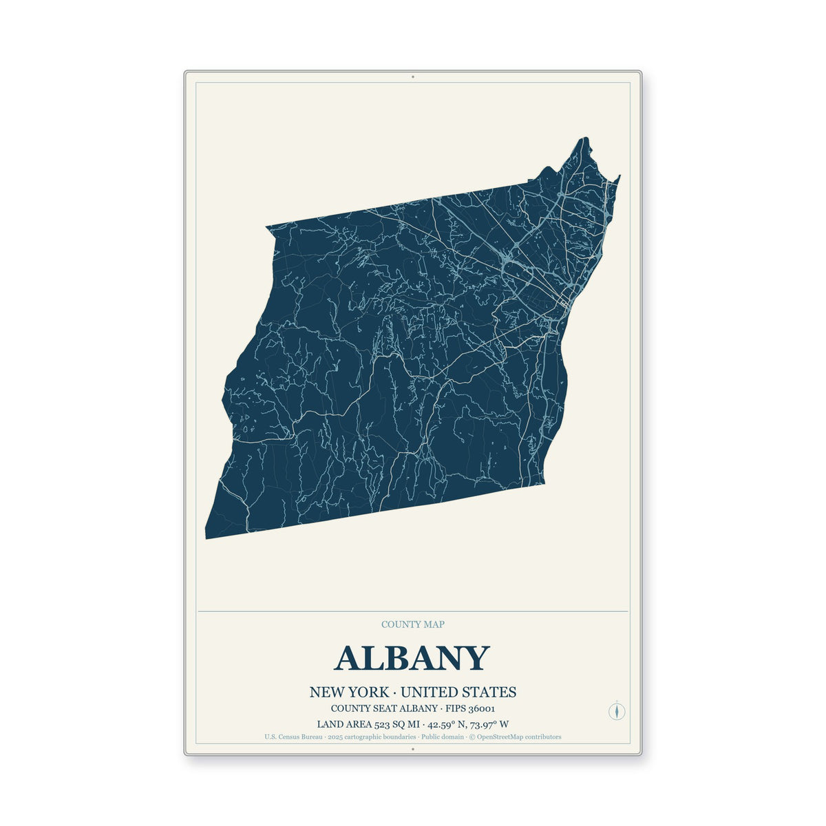 Albany County, New York Map Aluminum Sign in Coastal Cutout style