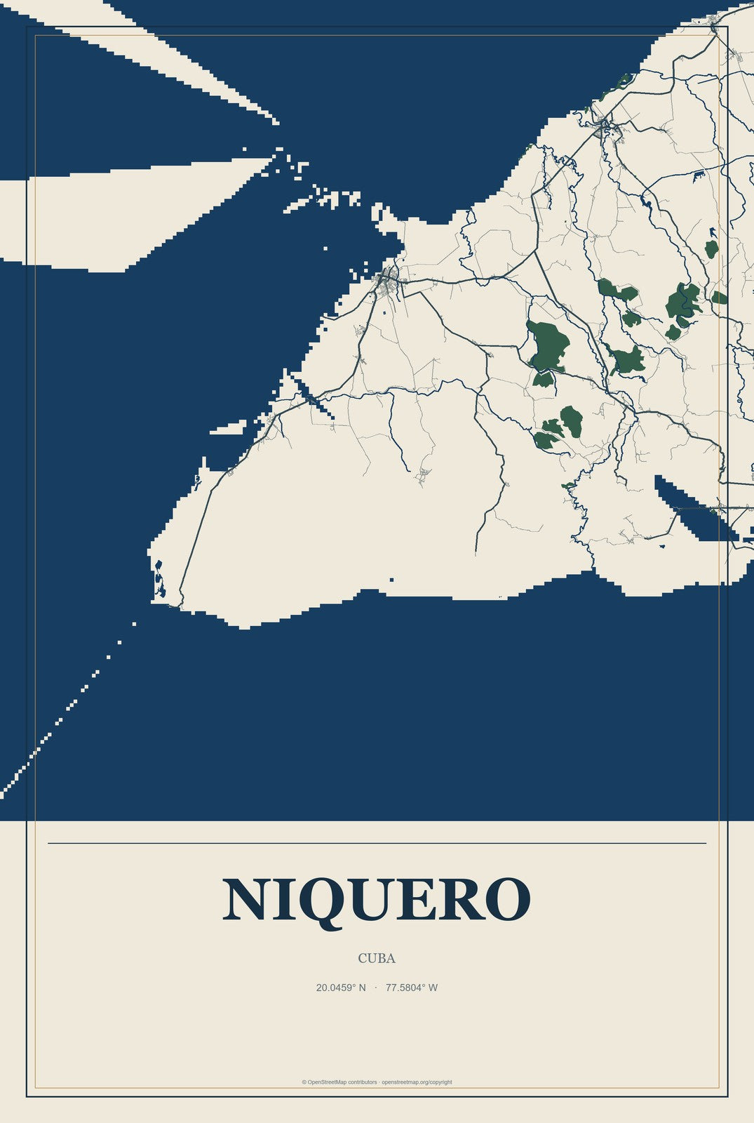 Niquero, Cuba City Map Aluminum Sign in Coastal Cutout style