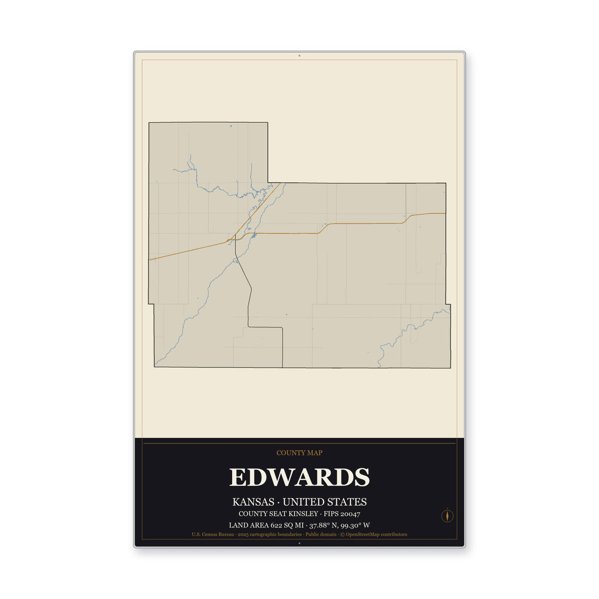 Edwards County, Kansas Map Aluminum Sign in Museum Plaque style