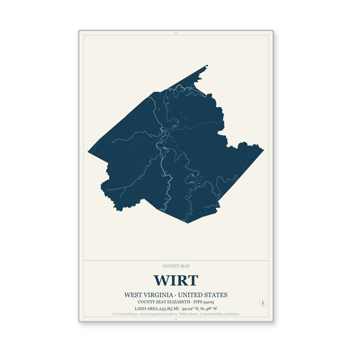 Wirt County, West Virginia Map Aluminum Sign in Coastal Cutout style