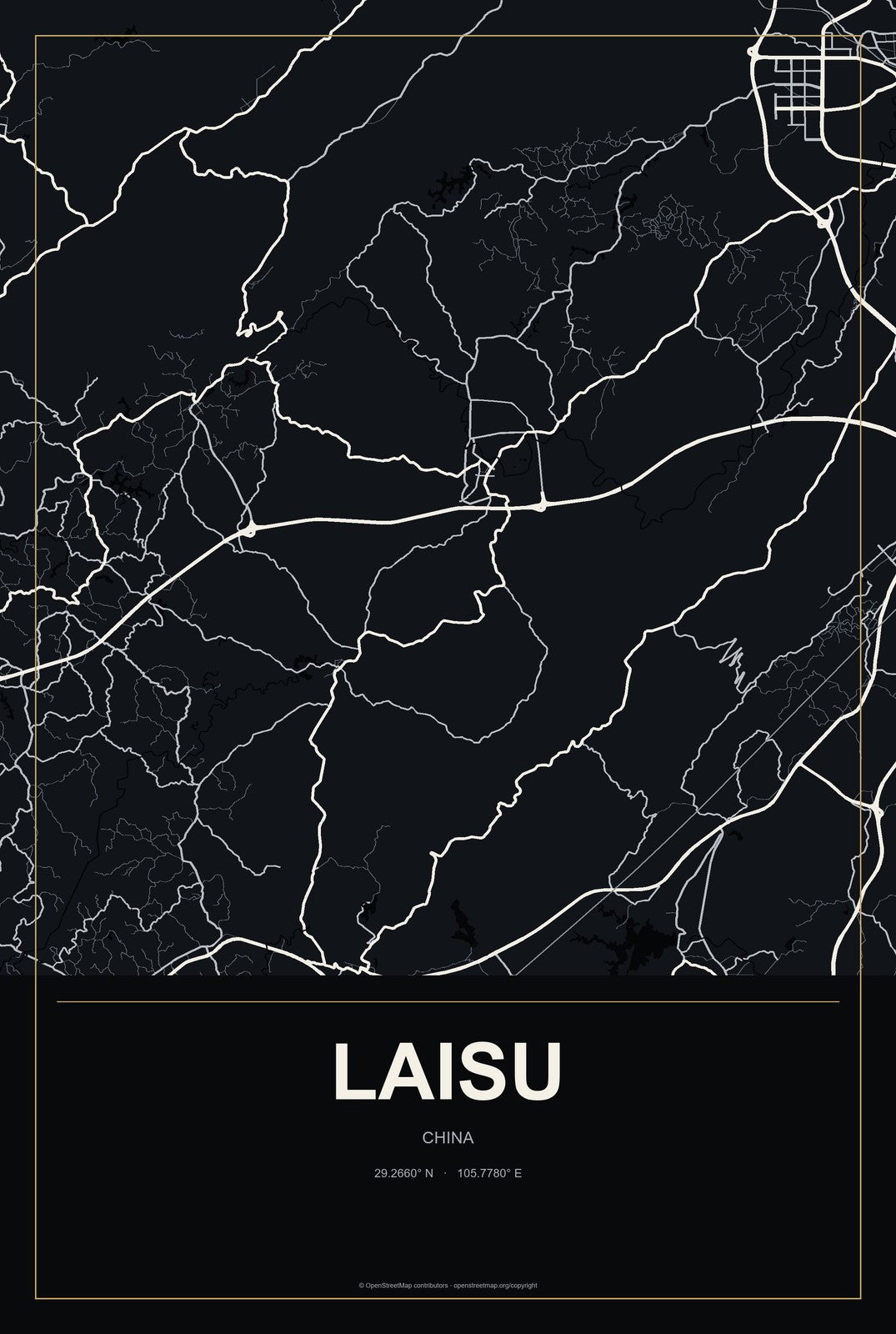 Laisu, China City Map Aluminum Sign in Metropolitan Noir style
