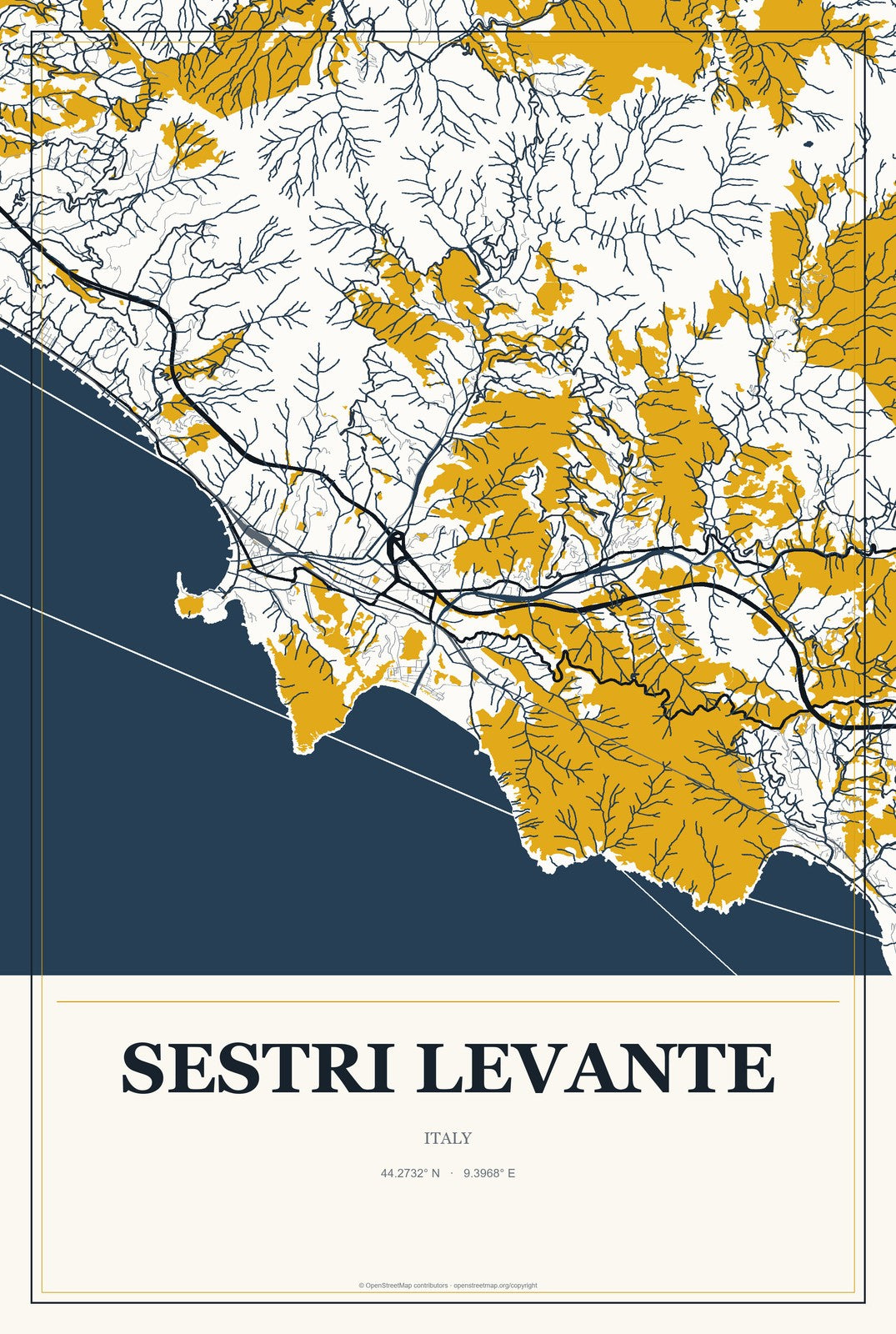 Sestri Levante, Italy City Map Aluminum Sign in Citrine Modern style
