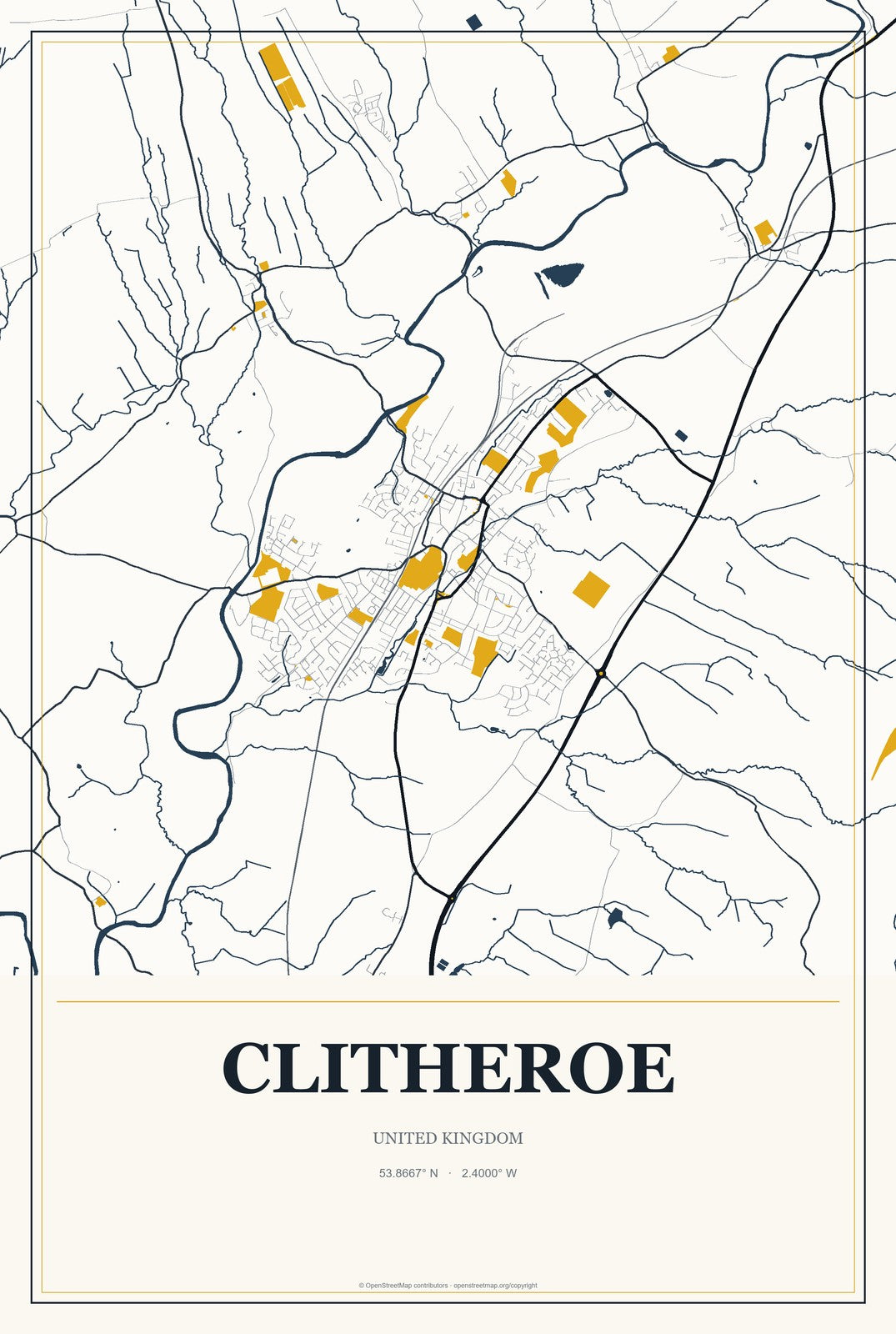 Clitheroe, United Kingdom City Map Aluminum Sign in Citrine Modern style