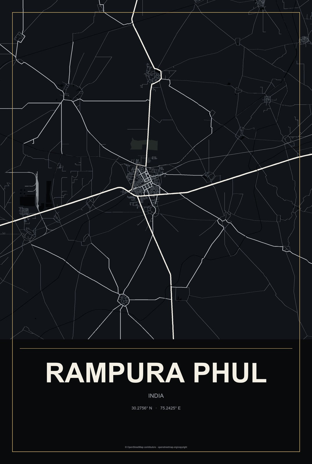 Rampura Phul, India City Map Aluminum Sign in Metropolitan Noir style