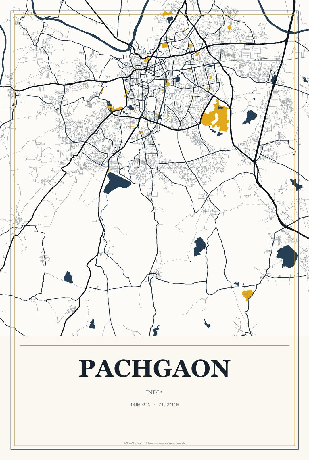 Pachgaon, India City Map Aluminum Sign in Citrine Modern style