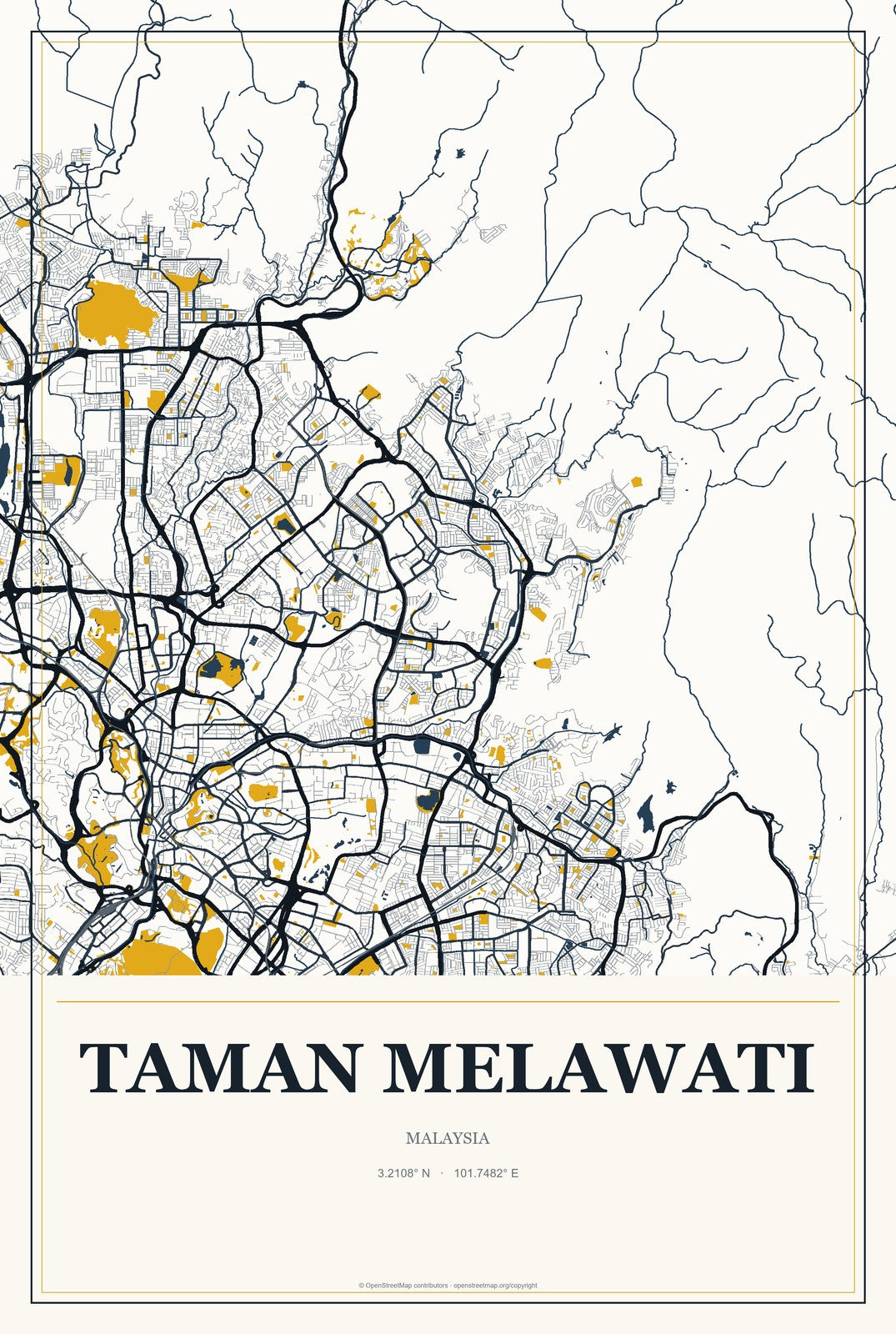 Taman Melawati, Malaysia City Map Aluminum Sign in Citrine Modern style