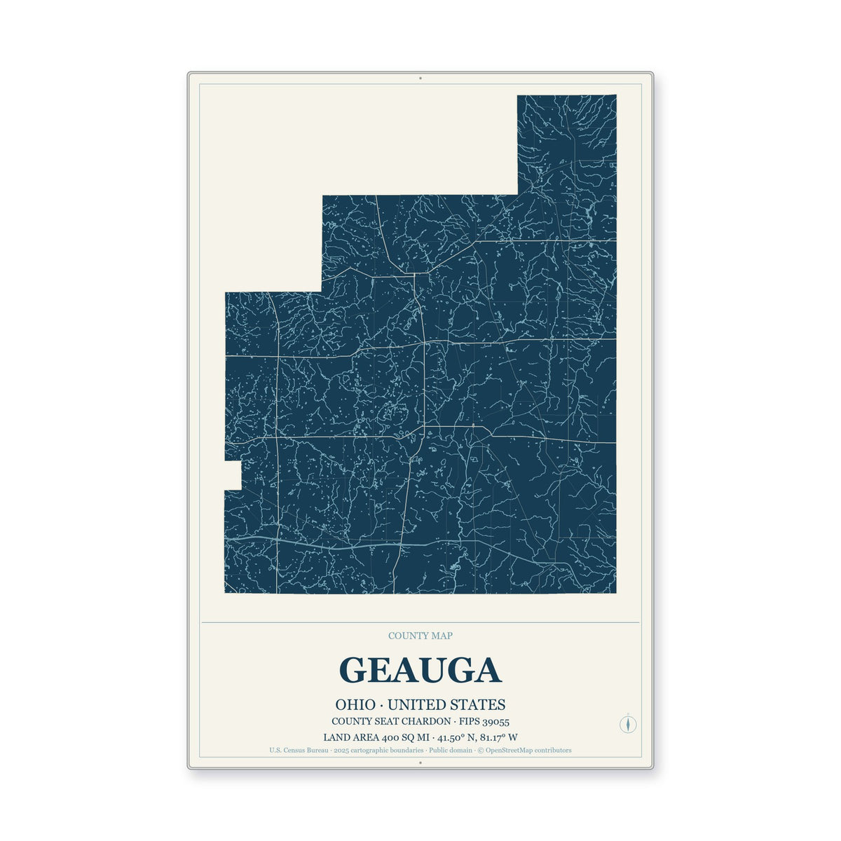 Geauga County, Ohio Map Aluminum Sign in Coastal Cutout style