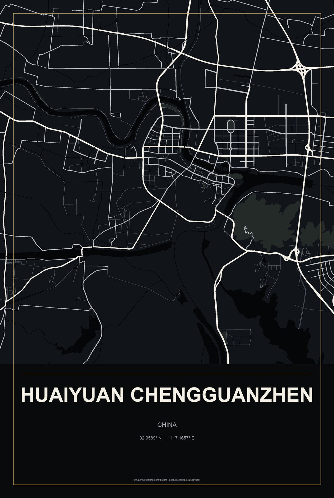 Huaiyuan Chengguanzhen, China City Map Aluminum Sign in Metropolitan Noir style