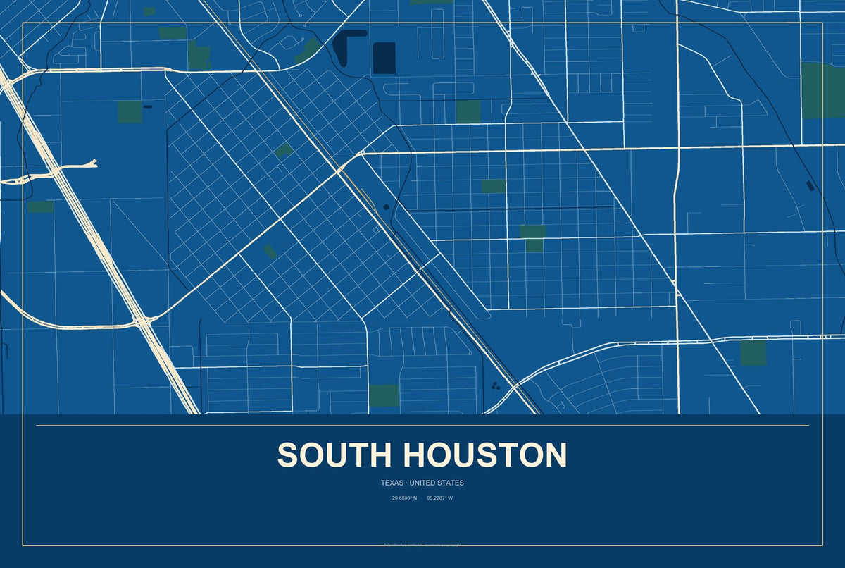 South Houston, Texas City Map Aluminum Sign in Harbor Cobalt style