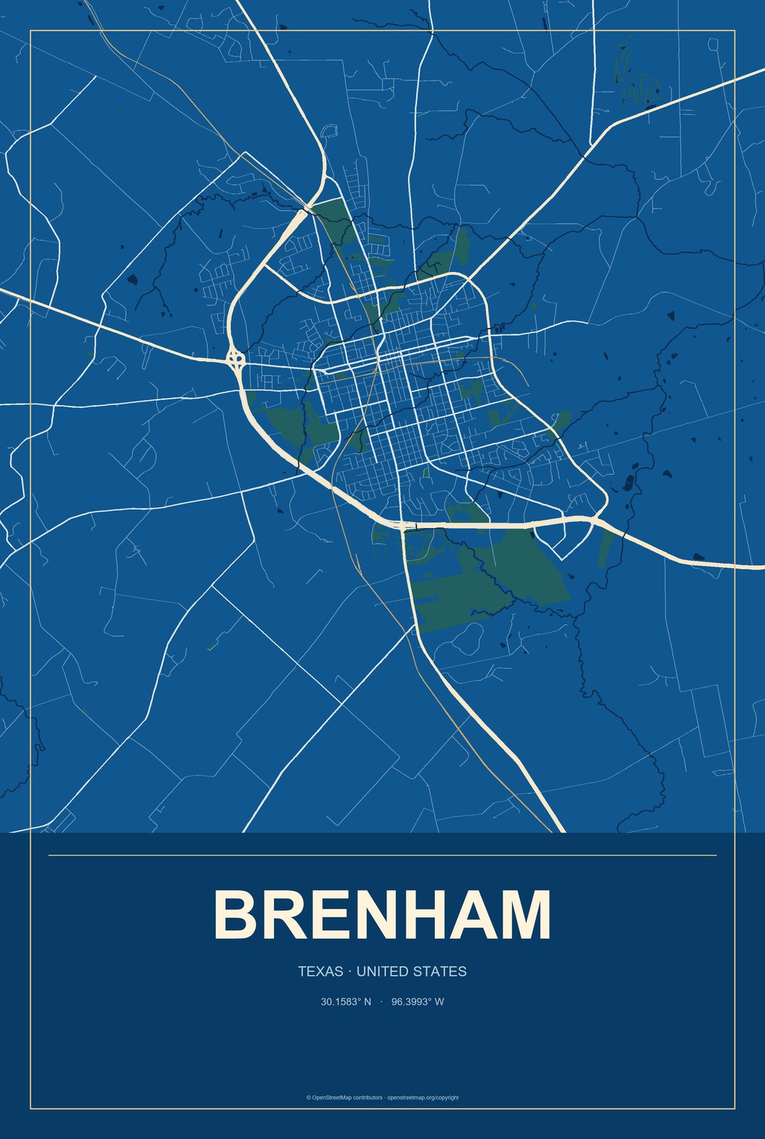 Brenham, Texas City Map Aluminum Sign in Harbor Cobalt style