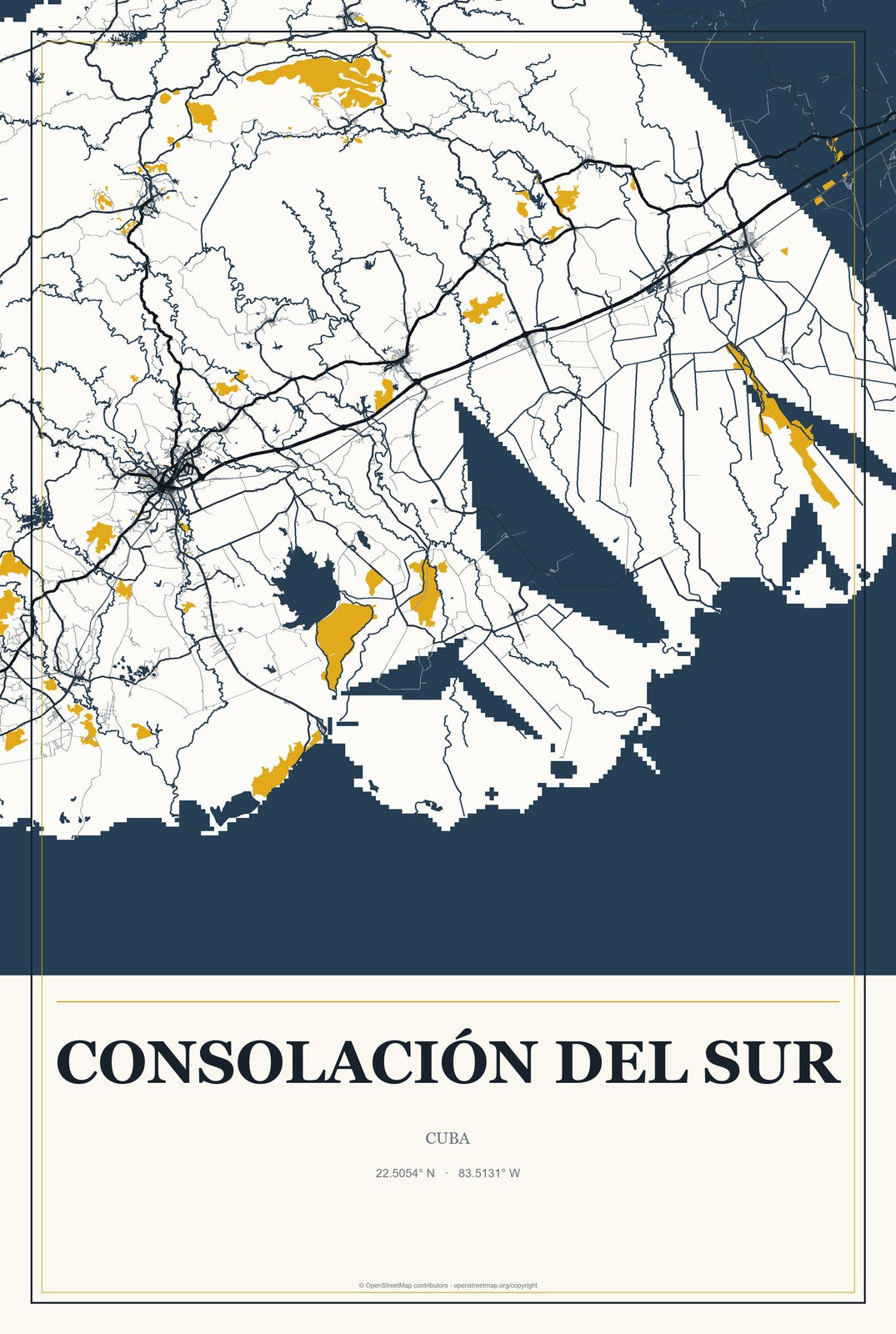 Consolación del Sur, Cuba City Map Aluminum Sign in Citrine Modern style