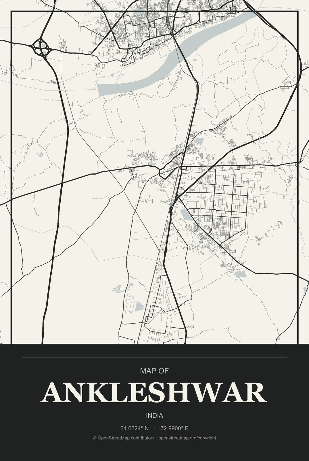 Ankleshwar, India City Map Aluminum Sign in Museum Plaque style