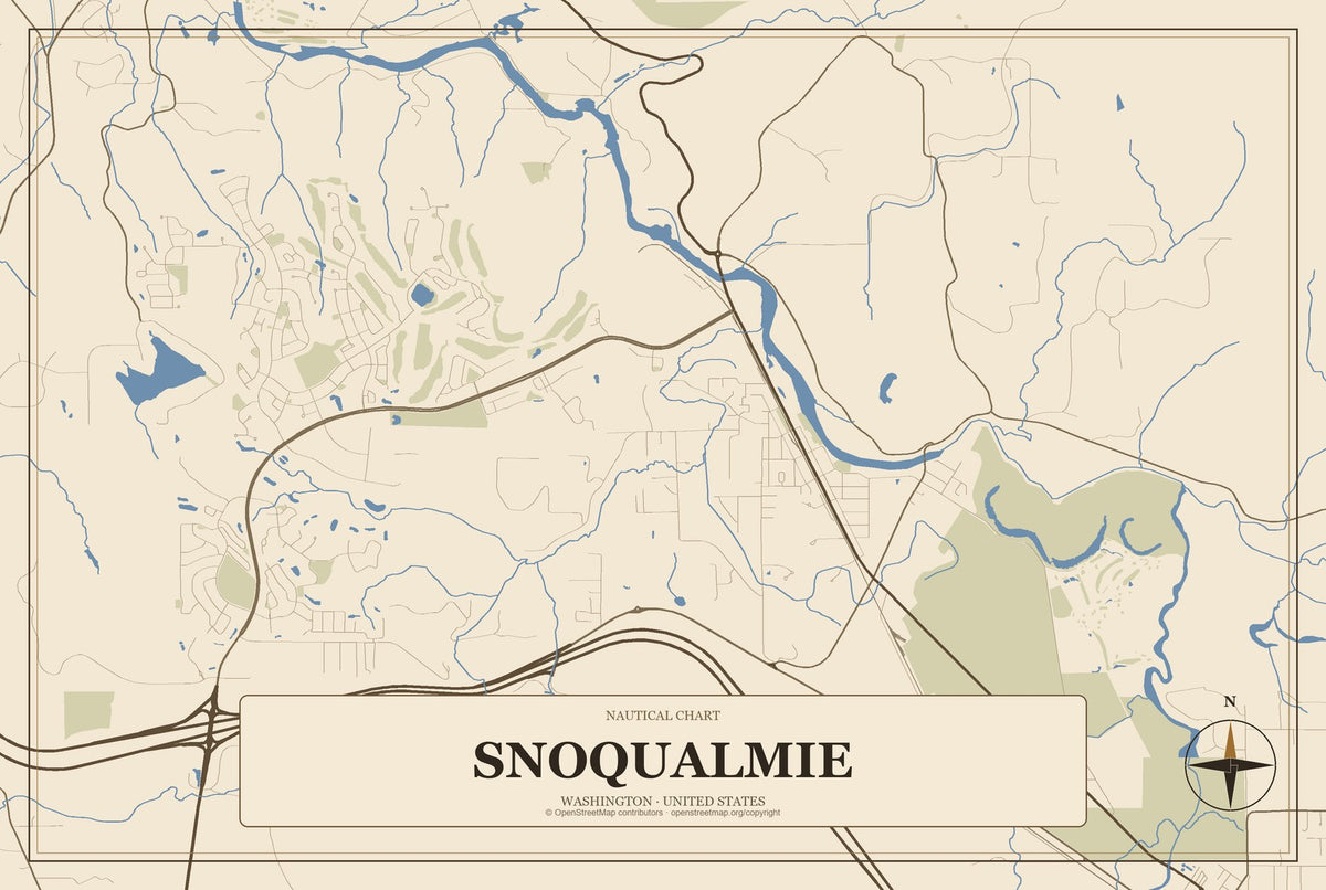 Snoqualmie, Washington City Map Aluminum Sign in Heritage Nautical style