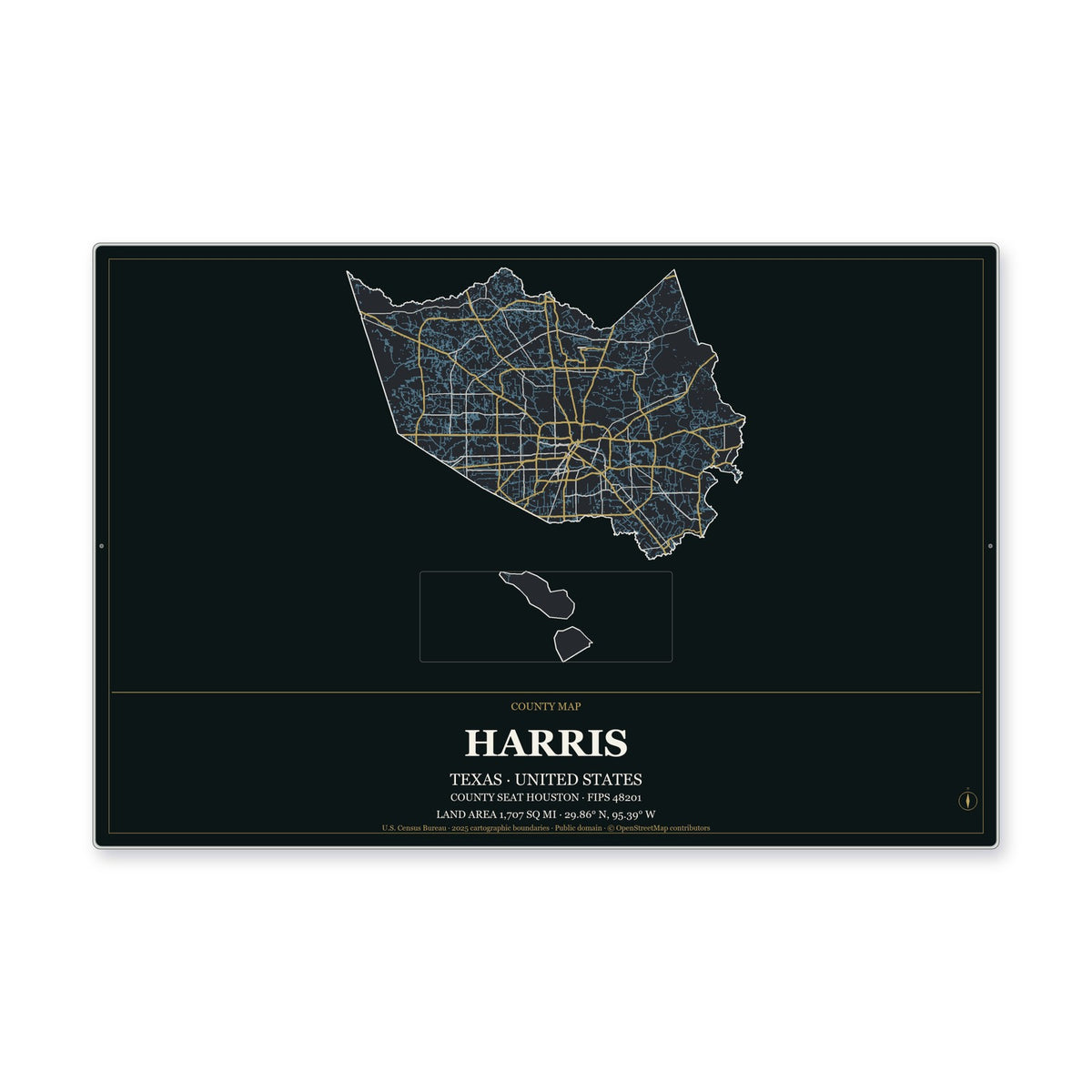 Harris County, Texas Map Aluminum Sign in Metropolitan Noir style