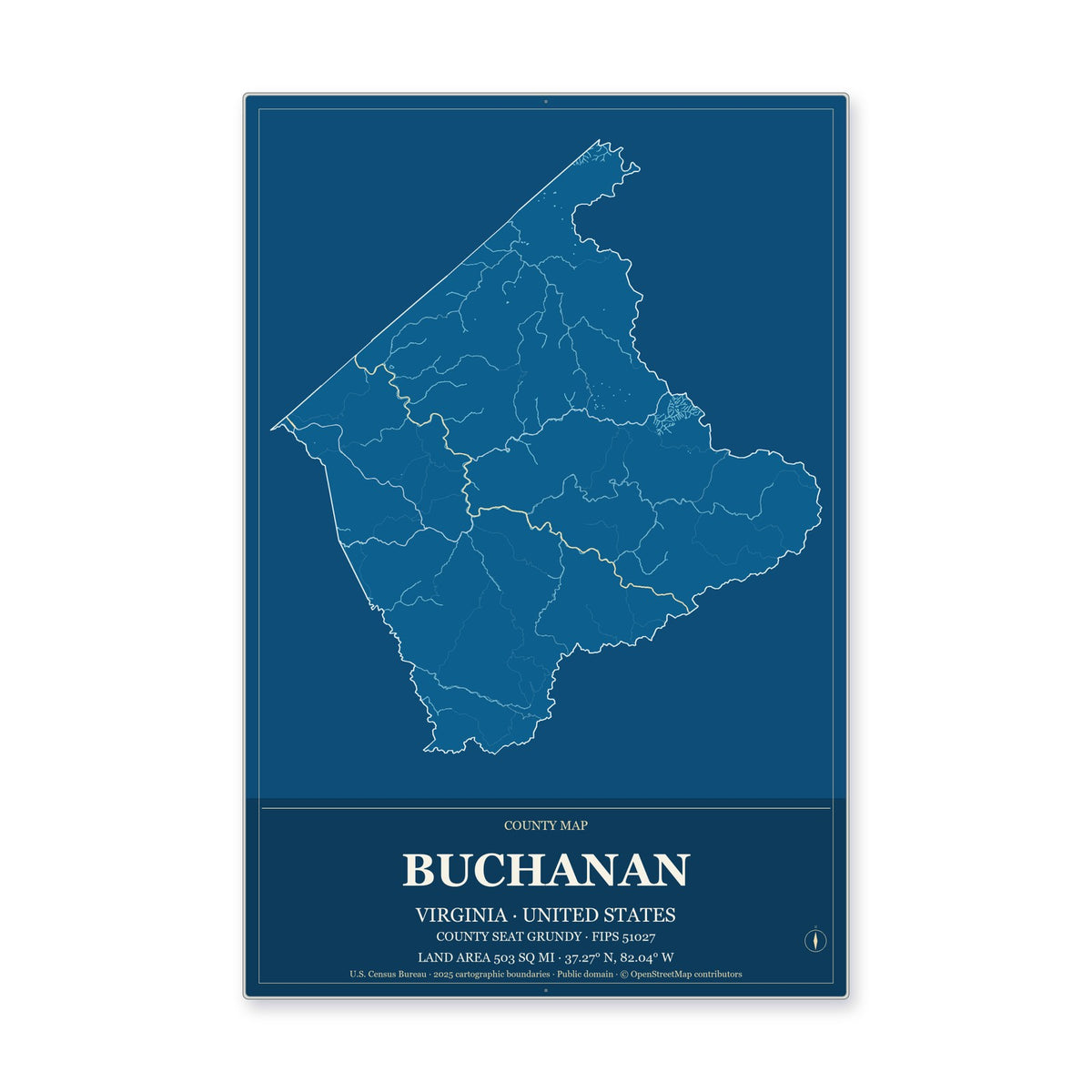 Buchanan County, Virginia Map Aluminum Sign in Harbor Cobalt style