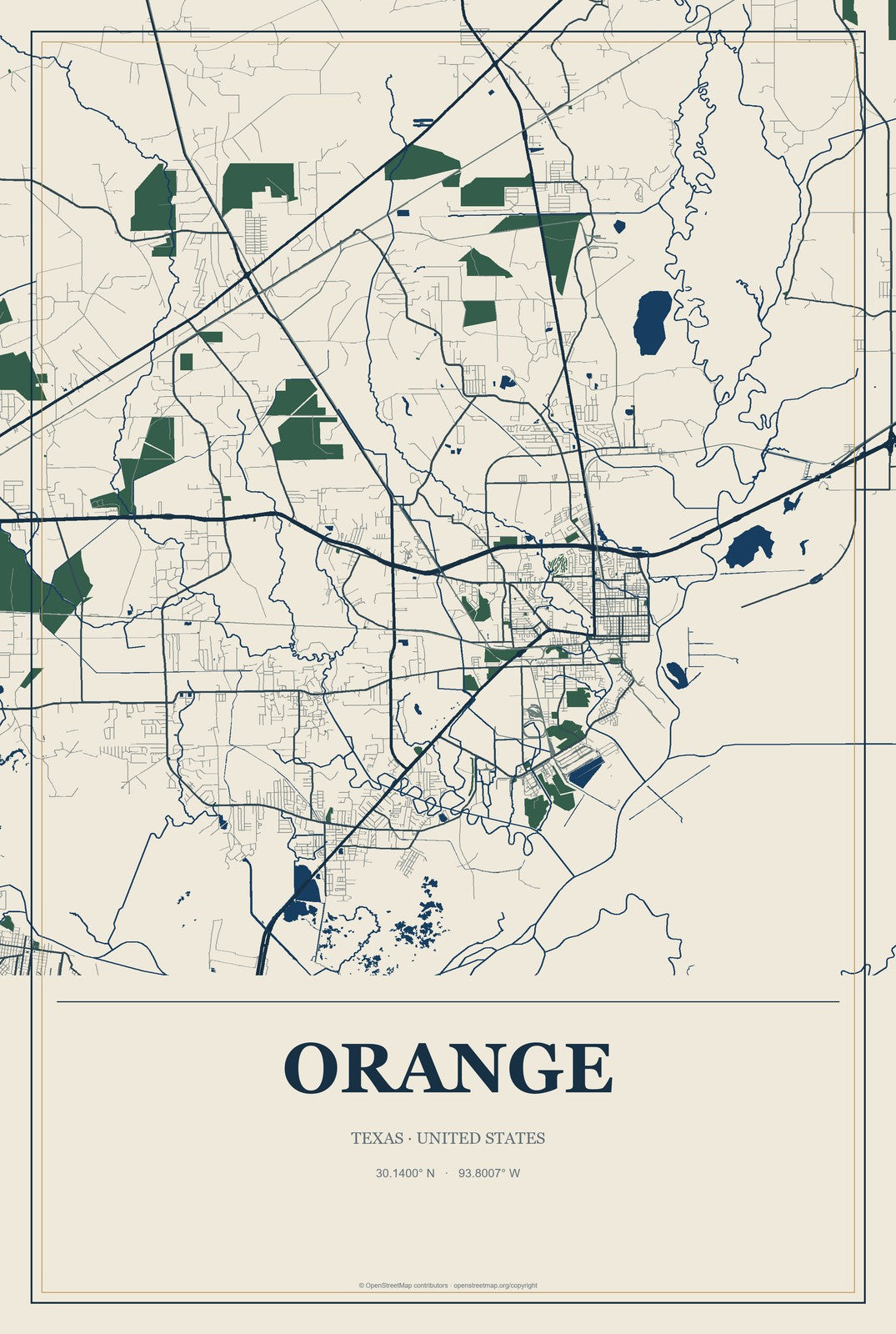 Orange, Texas City Map Aluminum Sign in Coastal Cutout style