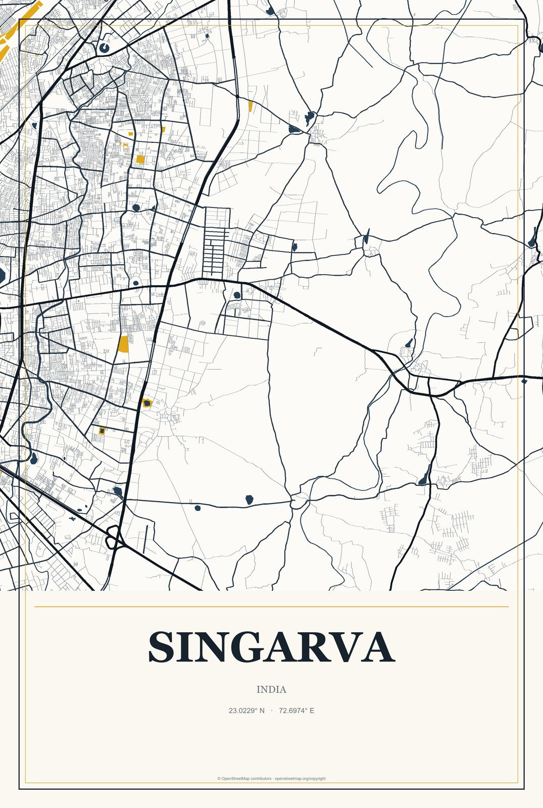 Singarva, India City Map Aluminum Sign in Citrine Modern style
