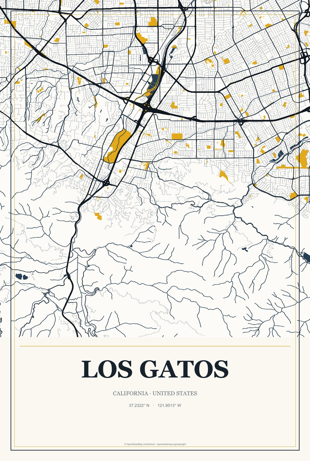 Los Gatos, California City Map Aluminum Sign in Citrine Modern style