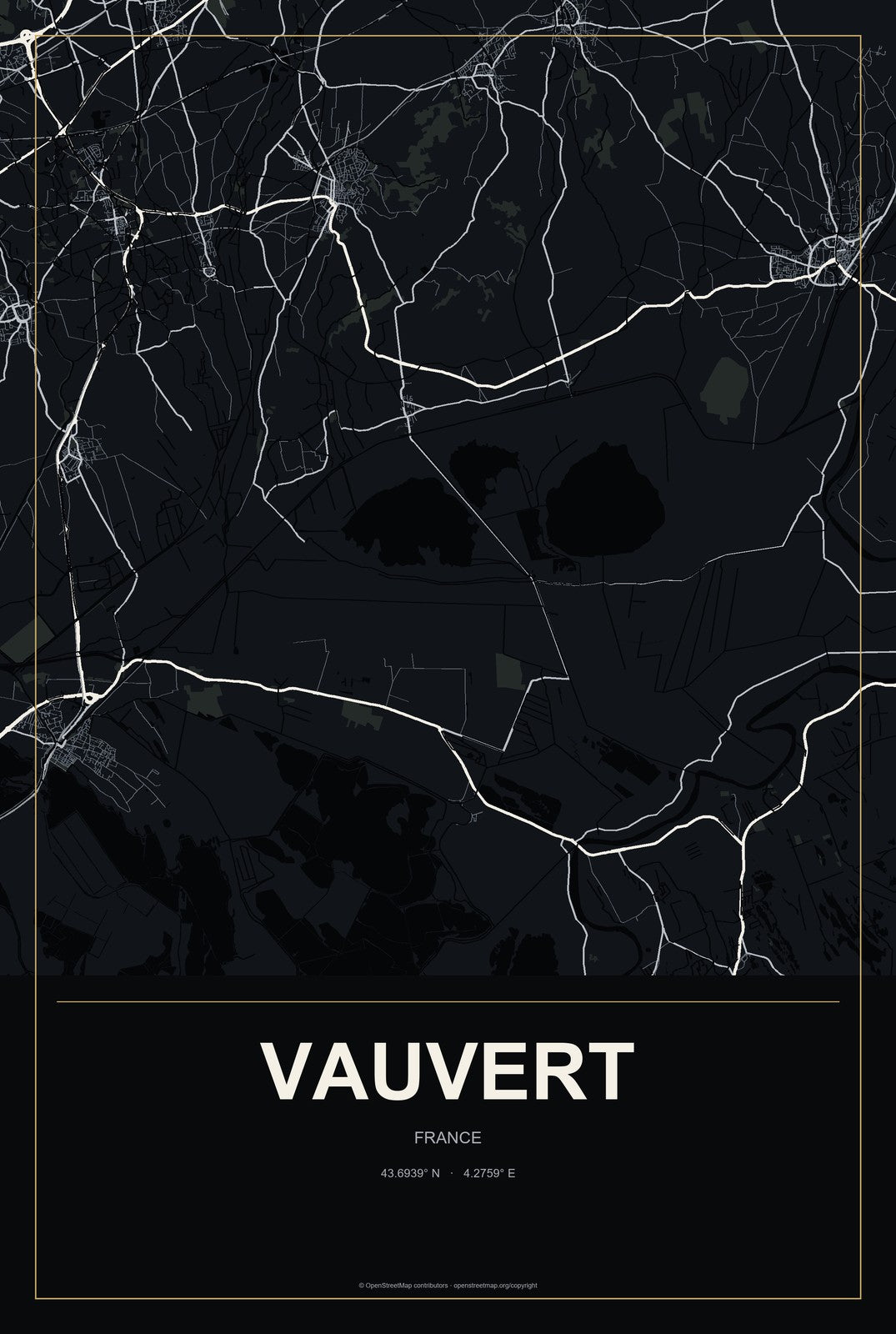 Vauvert, France City Map Aluminum Sign in Metropolitan Noir style