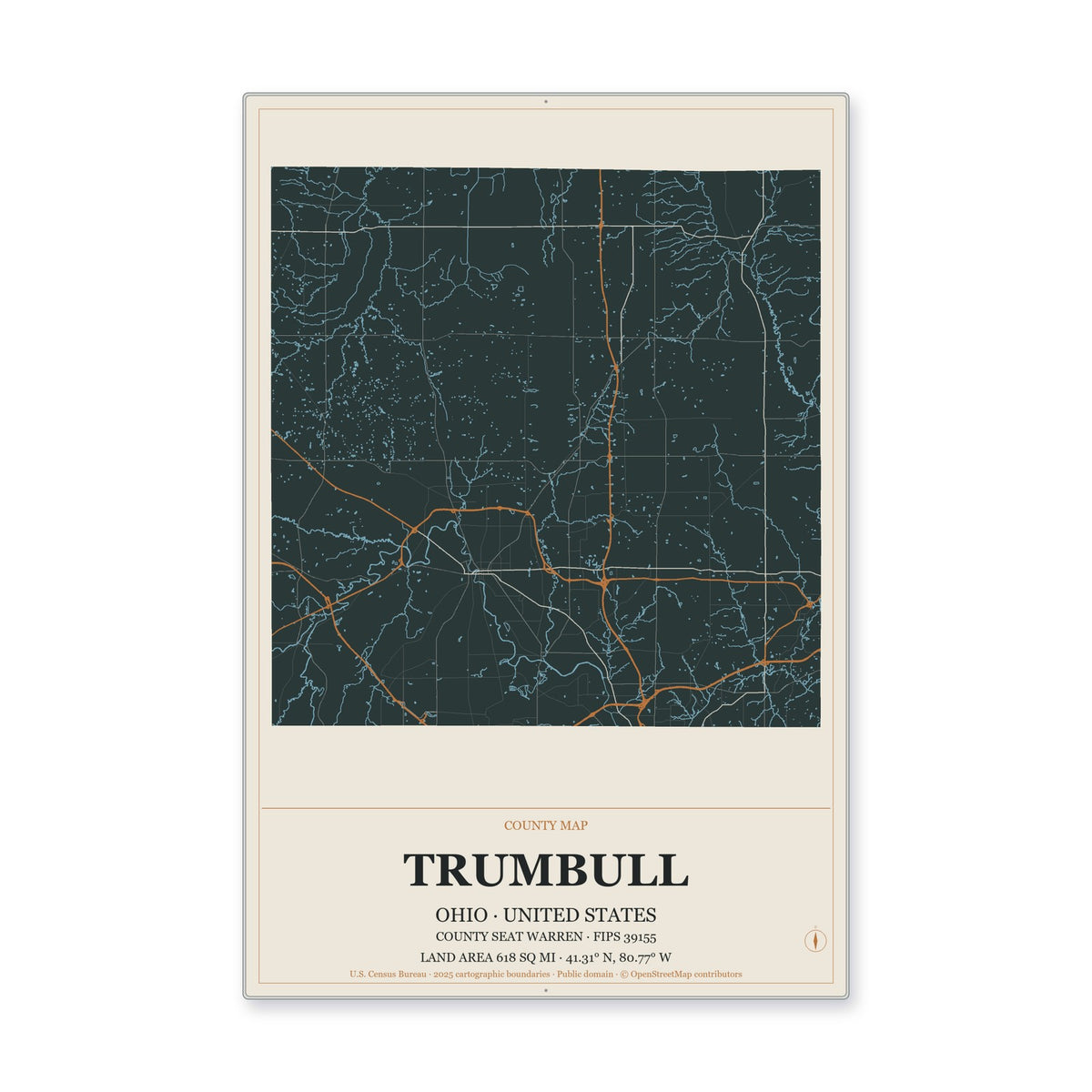 Trumbull County, Ohio Map Aluminum Sign in Headline Atlas style