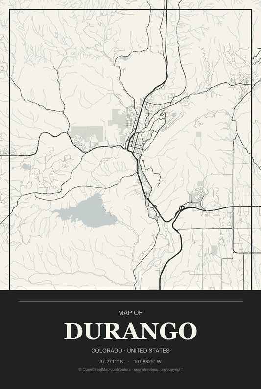 Durango, Colorado City Map Aluminum Sign in Museum Plaque style