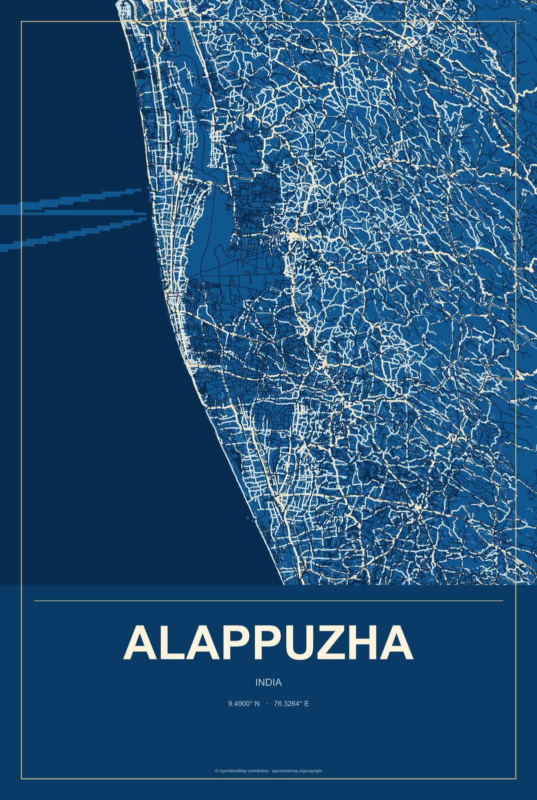 Alappuzha, India City Map Aluminum Sign in Harbor Cobalt style