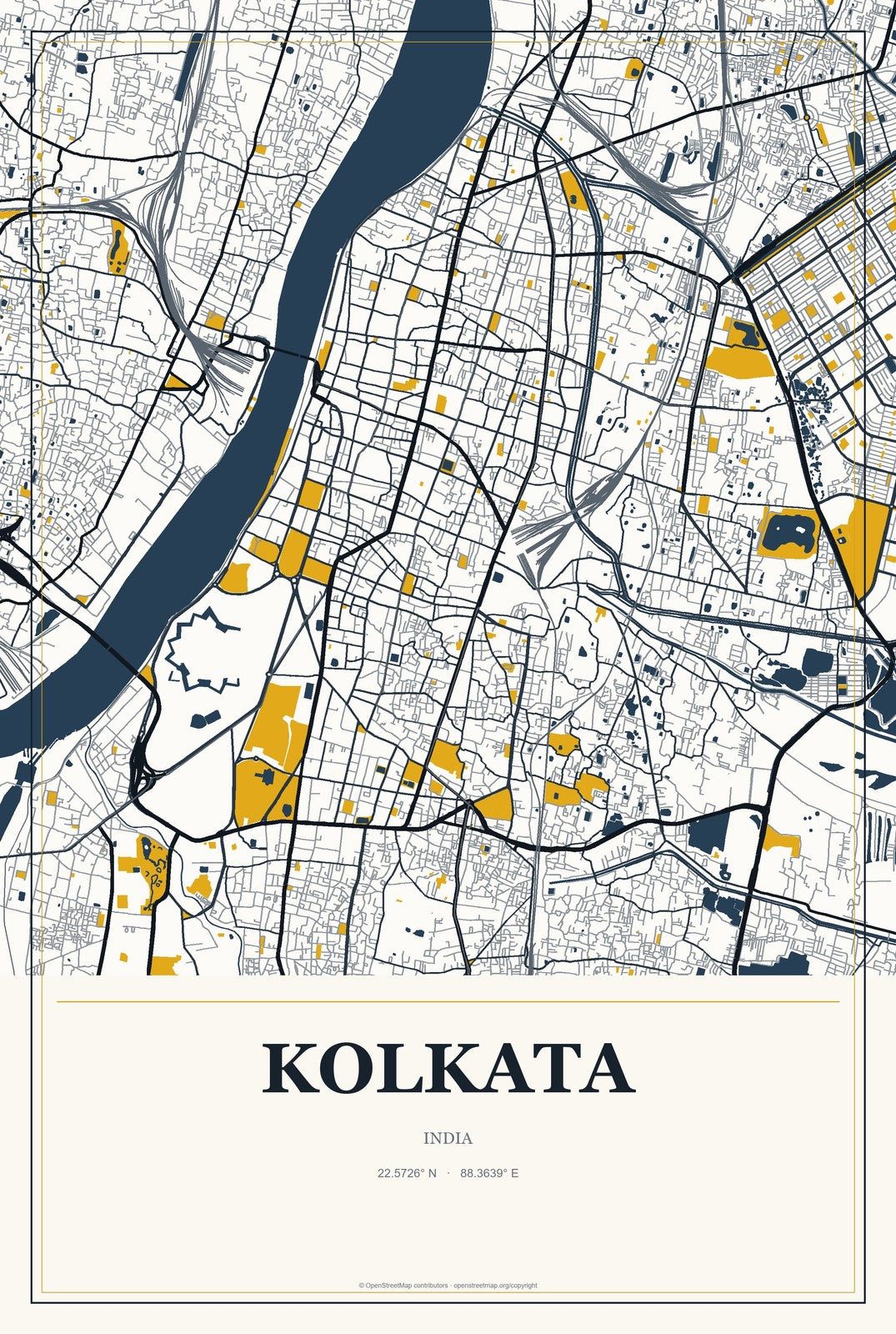 Kolkata, India City Map Aluminum Sign in Citrine Modern style