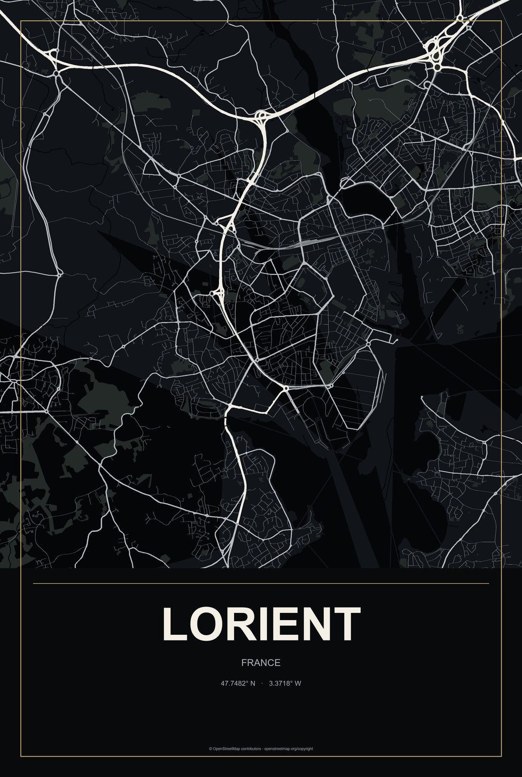 Lorient, France City Map Aluminum Sign in Metropolitan Noir style