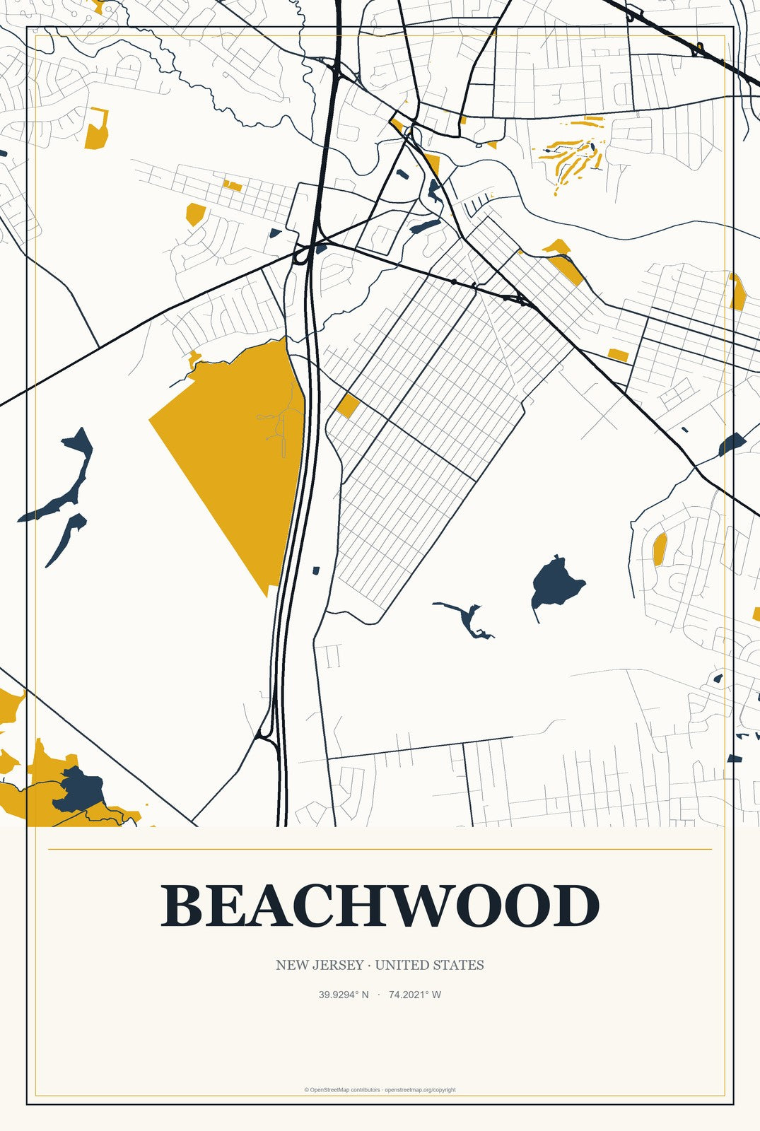 Beachwood, New Jersey City Map Aluminum Sign in Citrine Modern style