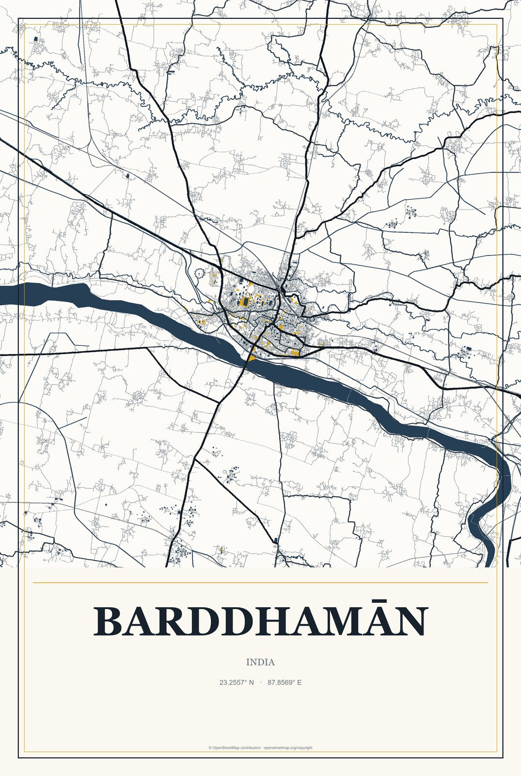 Barddhamān, India City Map Aluminum Sign in Citrine Modern style