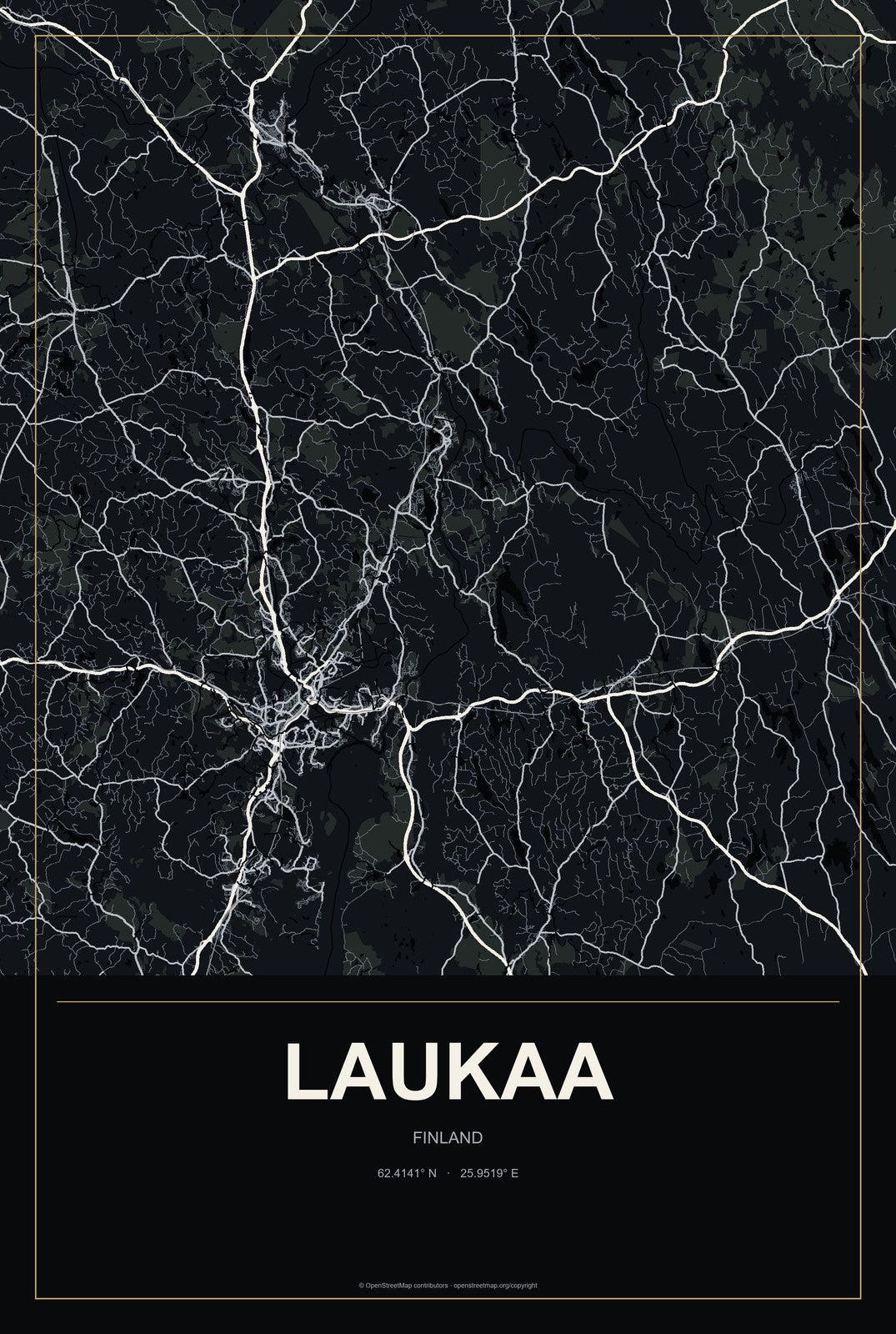 Laukaa, Finland City Map Aluminum Sign in Metropolitan Noir style