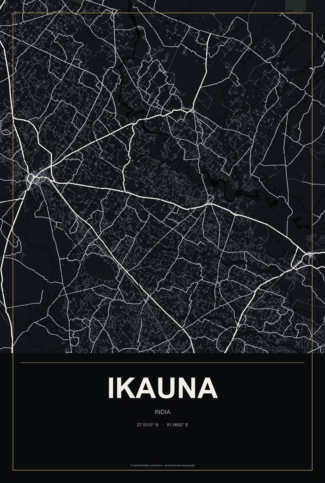 Ikauna, India City Map Aluminum Sign in Metropolitan Noir style