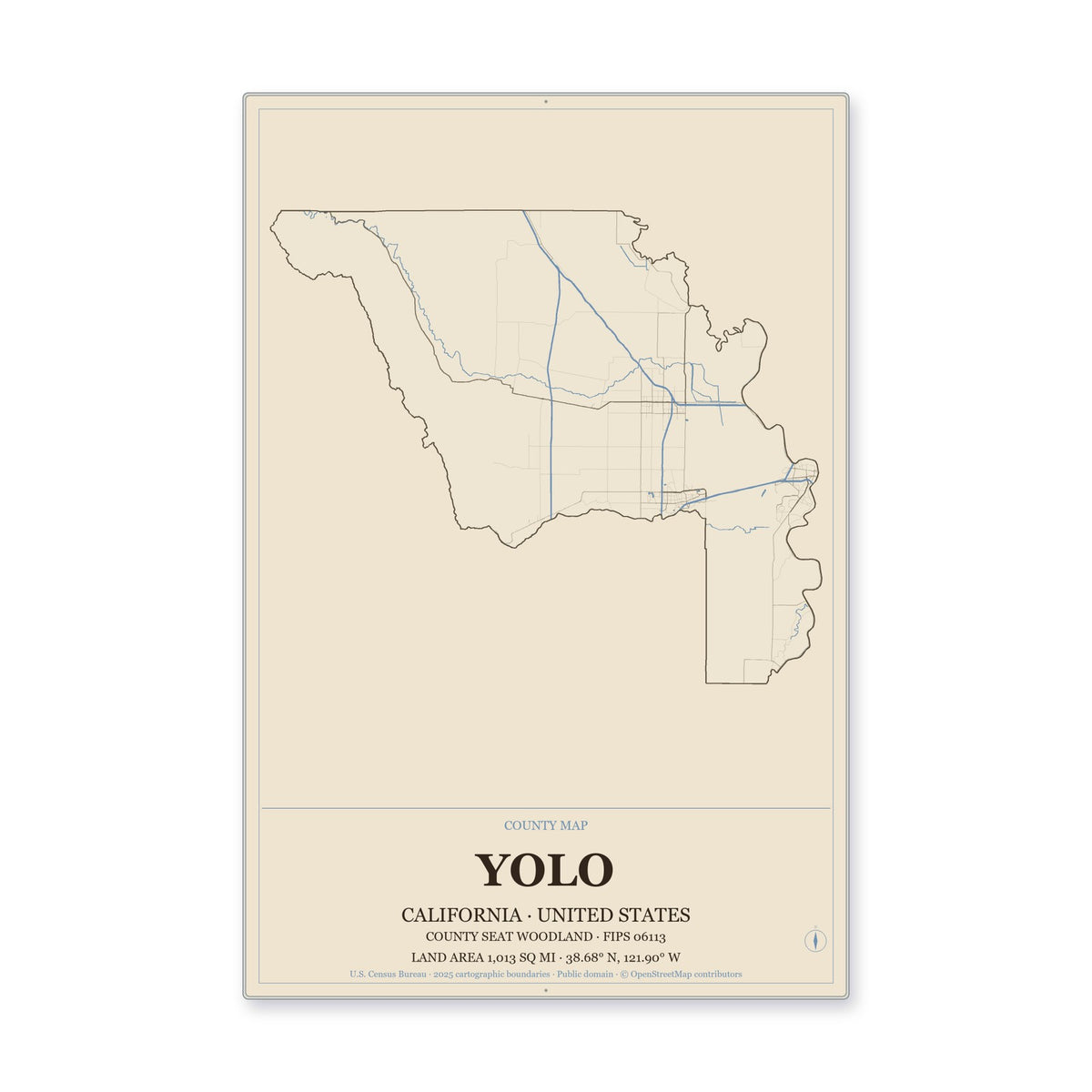 Yolo County, California Map Aluminum Sign in Heritage Nautical style