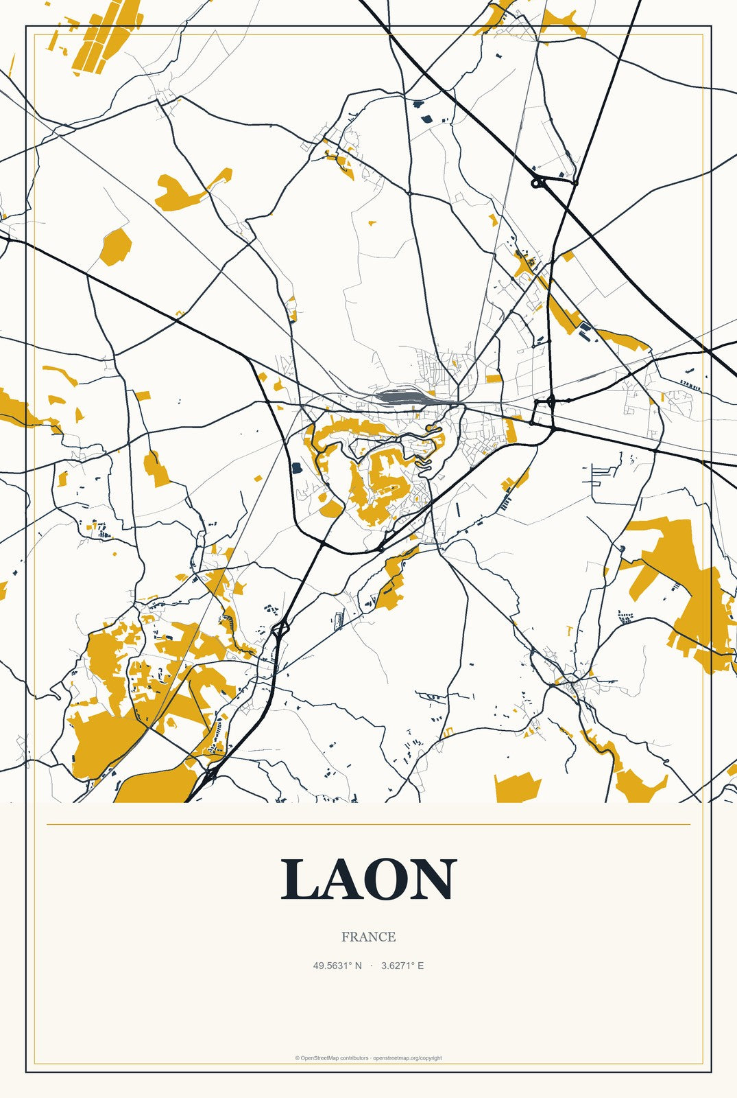 Laon, France City Map Aluminum Sign in Citrine Modern style
