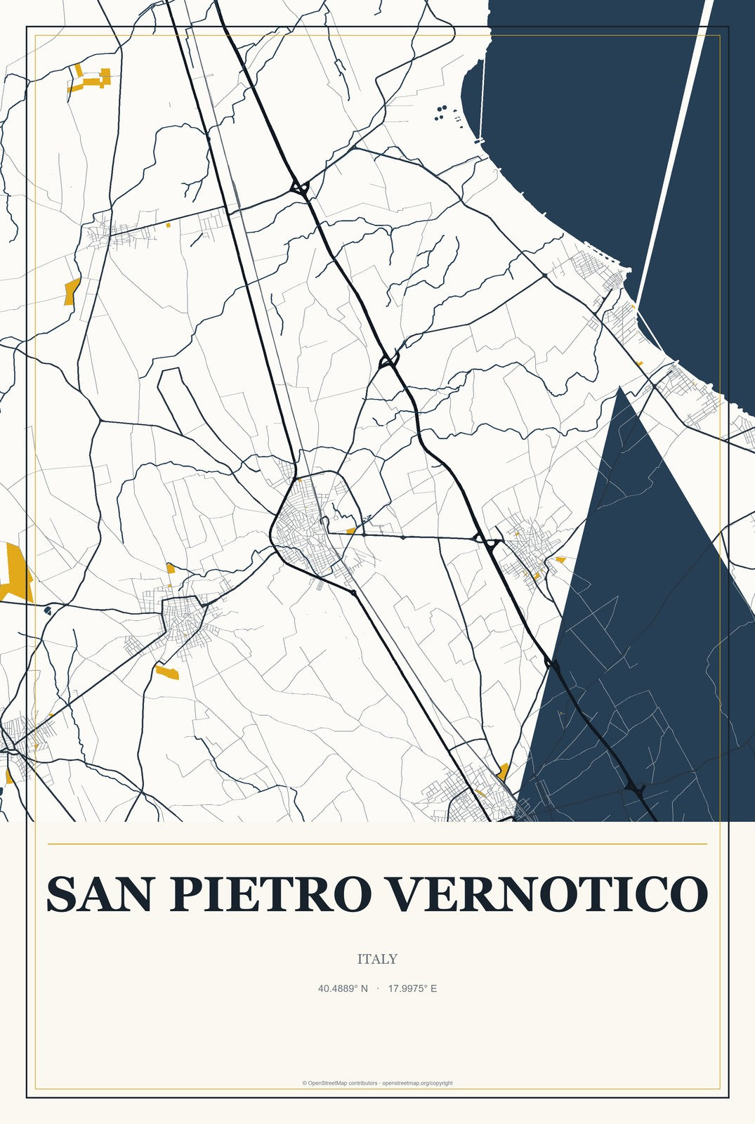 San Pietro Vernotico, Italy City Map Aluminum Sign in Citrine Modern style