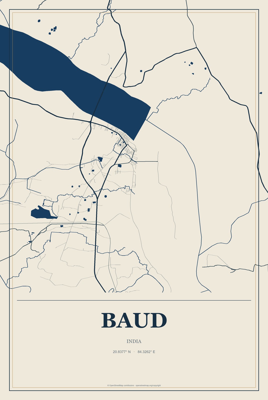 Baud, India City Map Aluminum Sign in Coastal Cutout style
