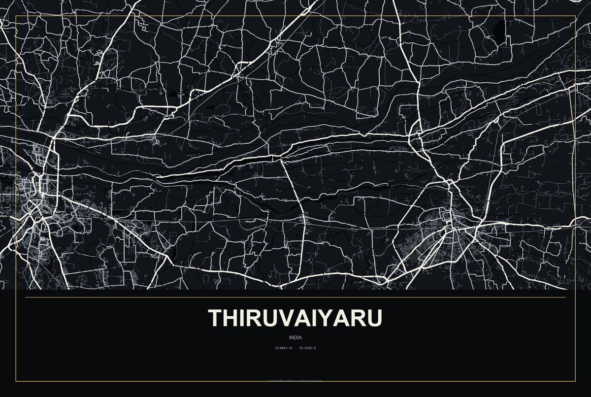 Thiruvaiyaru, India City Map Aluminum Sign in Metropolitan Noir style