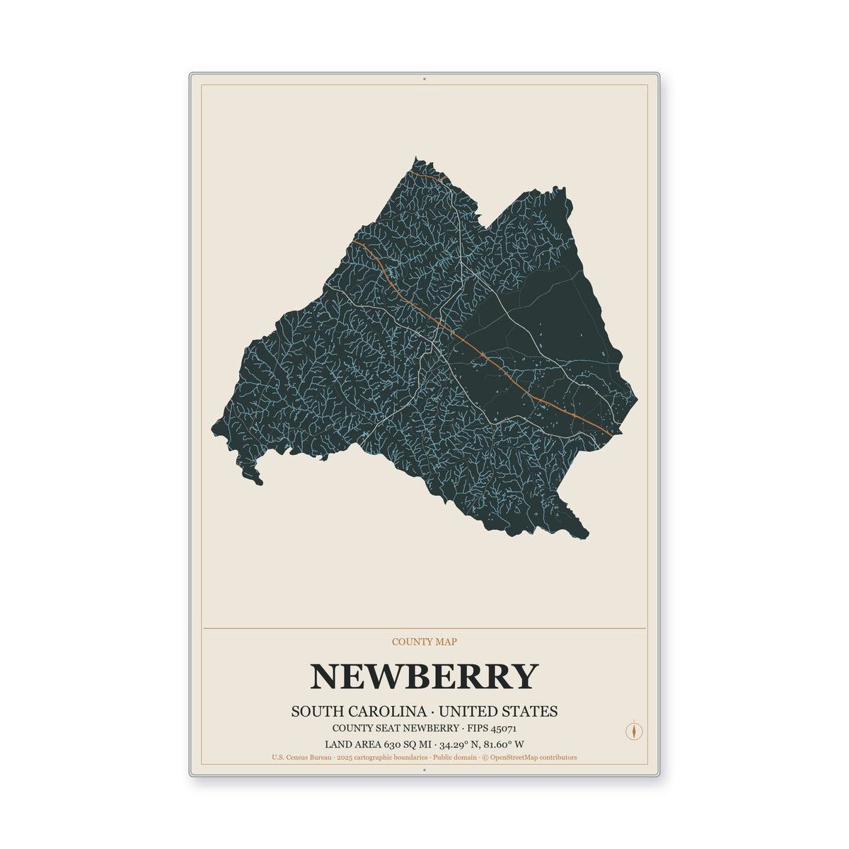 Newberry County, South Carolina Map Aluminum Sign in Headline Atlas style