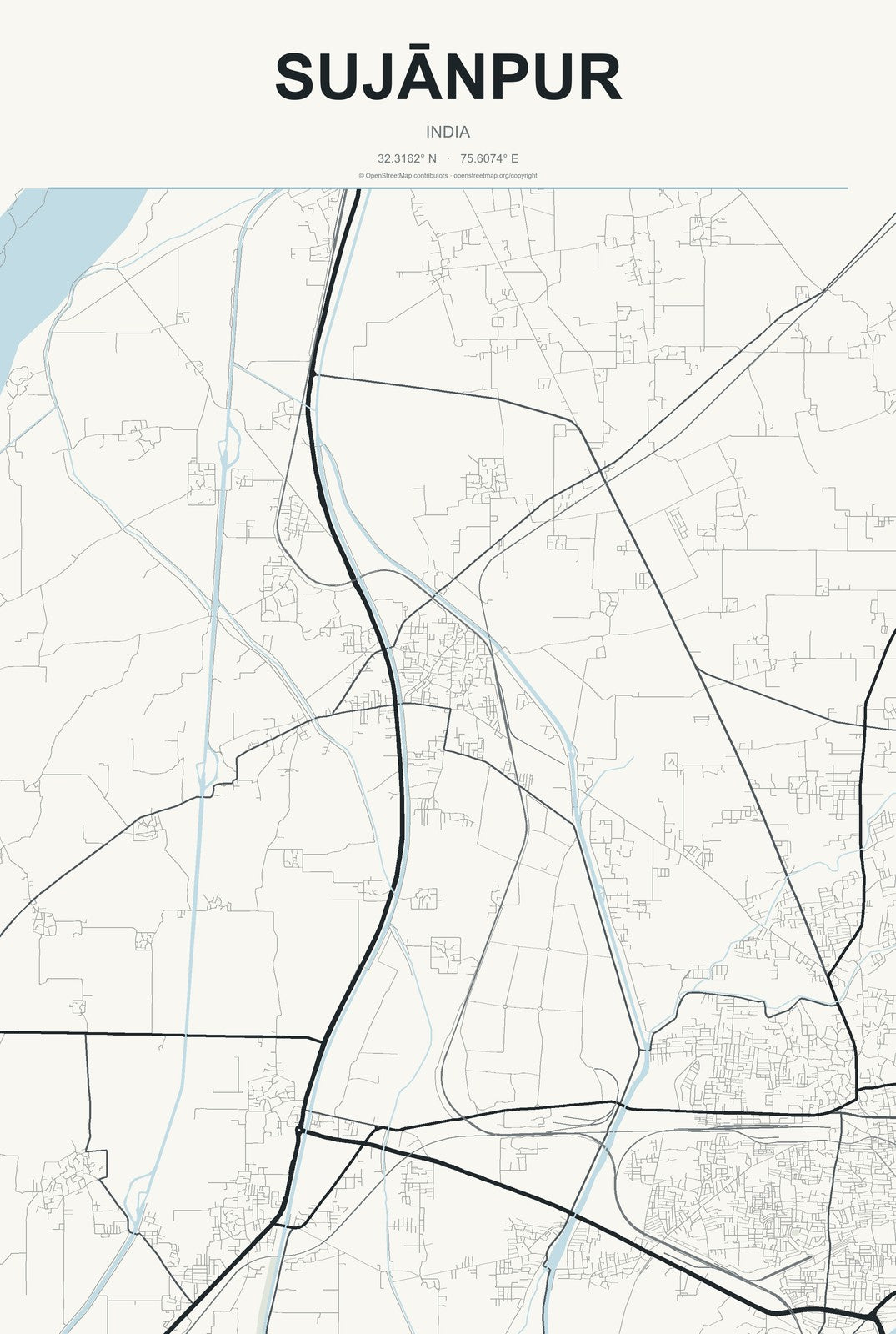 Sujānpur, India City Map Aluminum Sign in Headline Atlas style